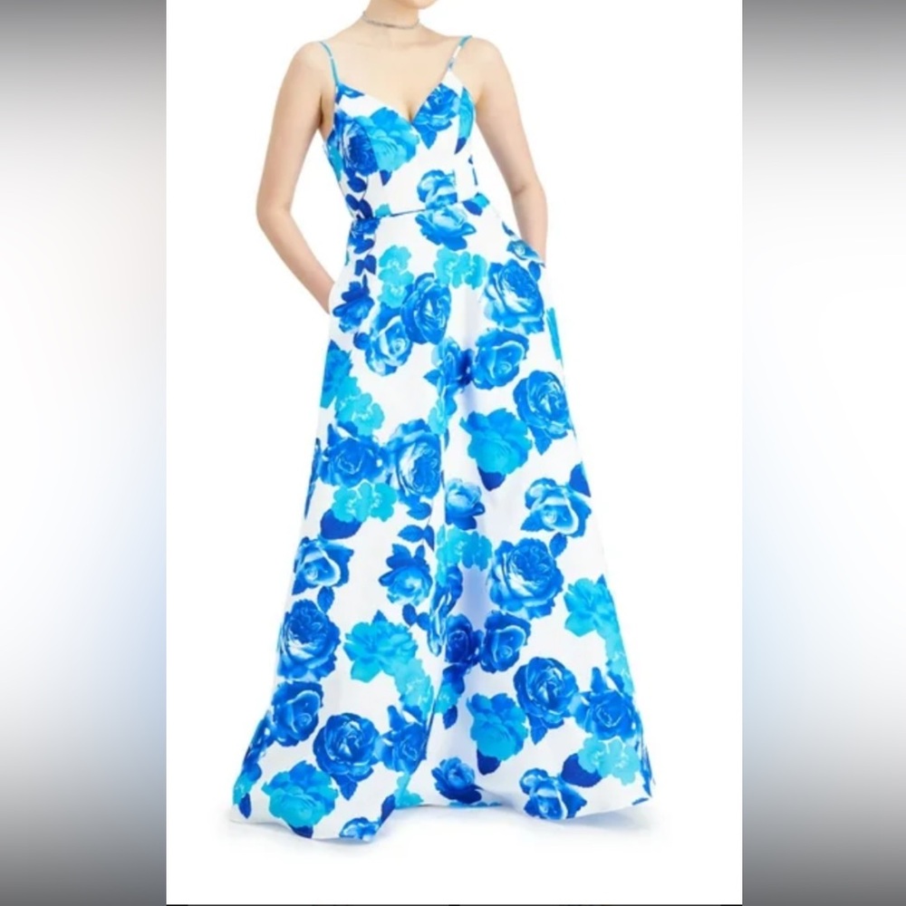 City stuido Blue Satin Lace Up At Back Floral Spaghetti Strap